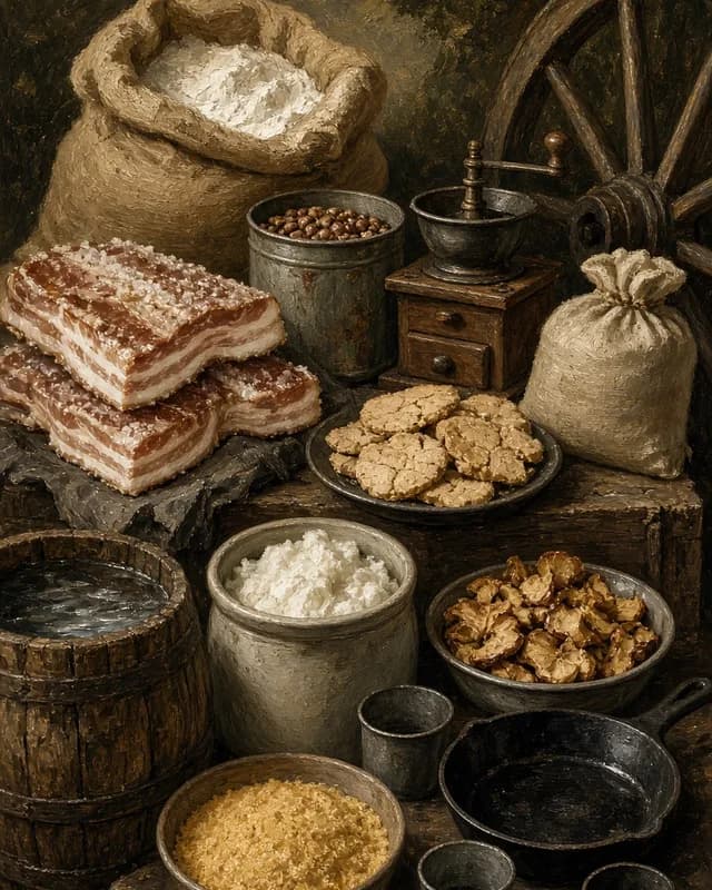 Painting of trail supplies: sacks of flour, slabs of bacon, crackers, a coffee grinder, bowls of rice and sugar, a water barrel, a skillet and tin cups, with a wagon wheel behind.