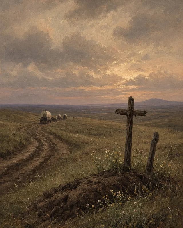 Painting of a wooden cross over a grave mound beside wagon ruts, with covered wagons in the distance under a cloudy sky.
