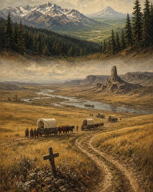 Painting of the journey west in one scene: a wagon train on a winding track past a grave marker, a river valley with a rock spire and bluffs, and forested mountains with snowy peaks beyond.