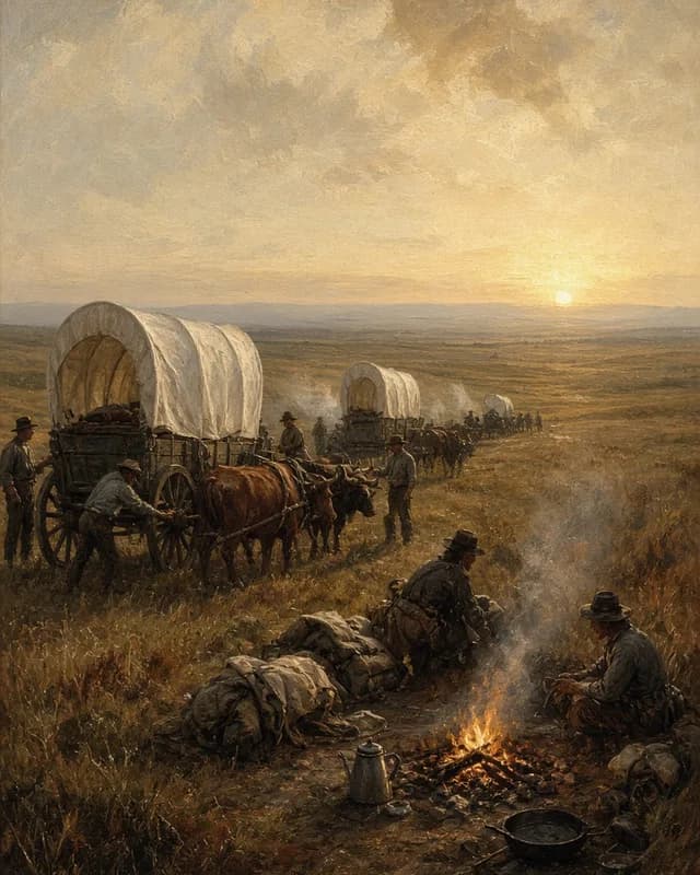 Painting of covered wagons and oxen on the prairie at sunrise, with emigrants around a campfire and a coffee pot in the foreground.