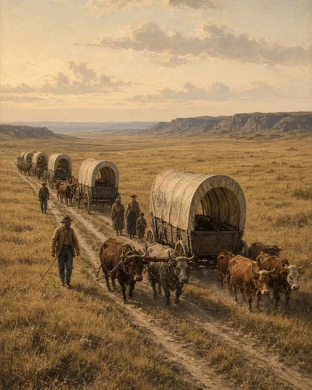 Painting of a wagon train on a dusty track, with ox teams pulling covered wagons and people walking alongside, and bluffs on the horizon.