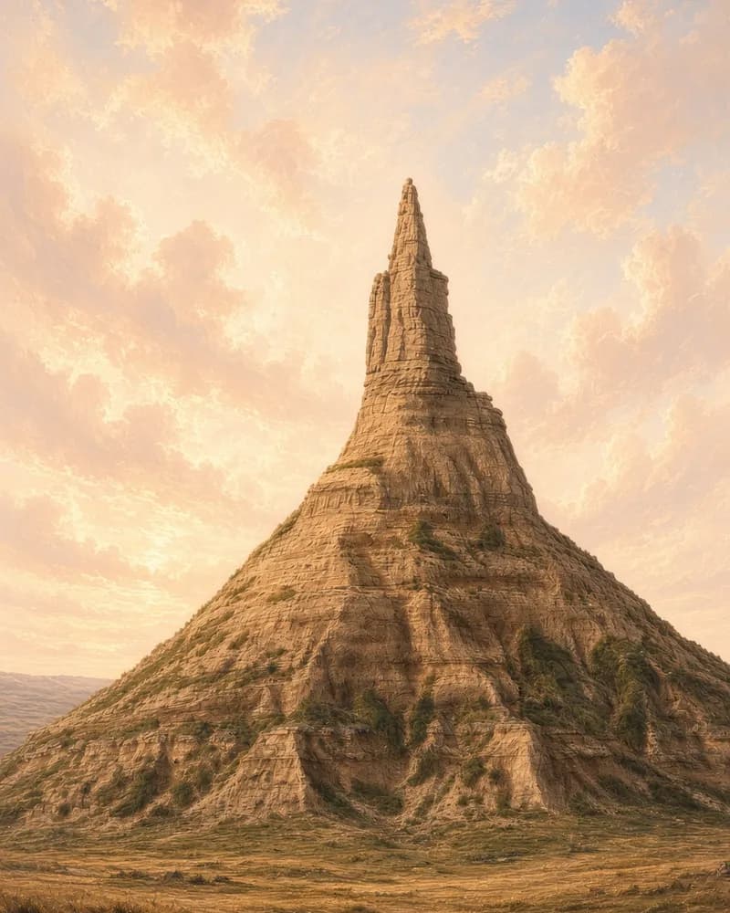 Painting of Chimney Rock, a tall thin spire on a cone-shaped base, rising over a grassy plain under a warm evening sky.