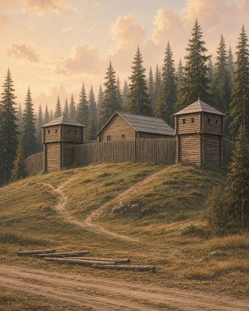Painting of a log stockade with two blockhouses on a grassy hill among tall firs, with a dirt road and cut logs in front.