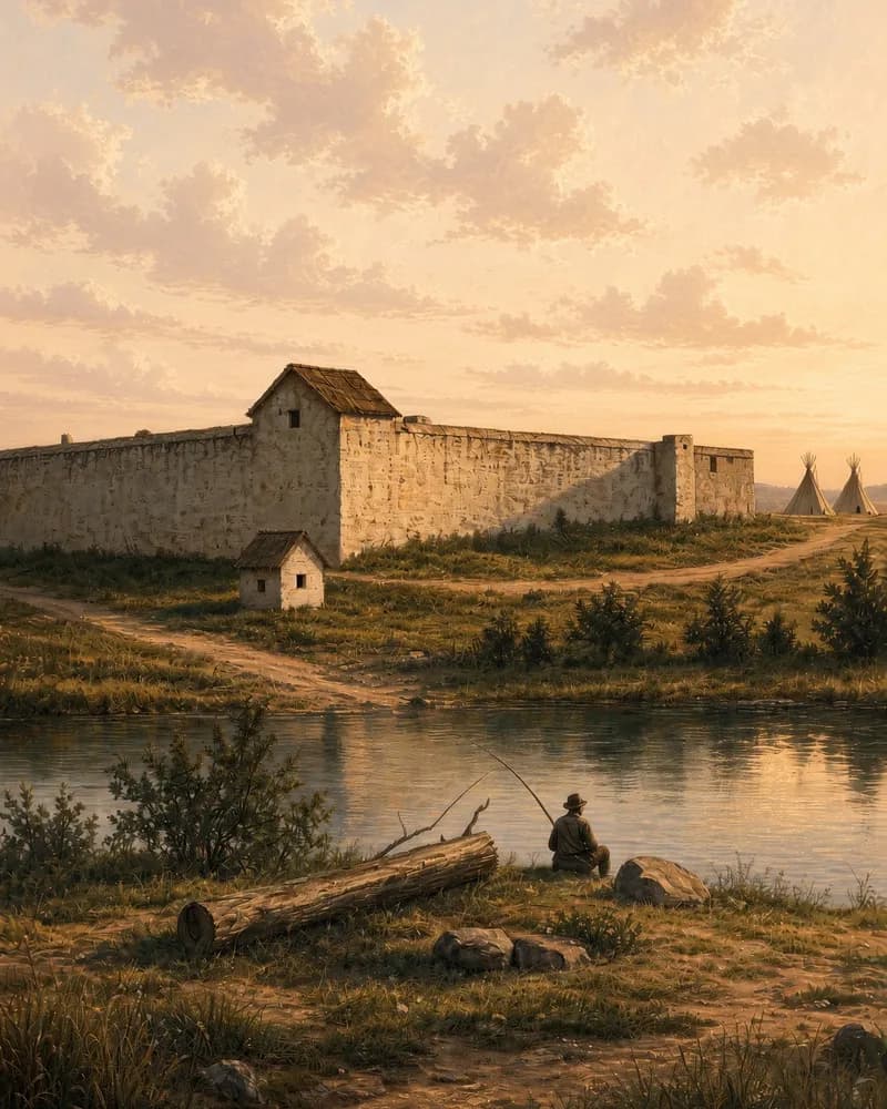 Painting of a walled fort with a gabled building on a riverbank at sunset, with tipis beyond and a man fishing from the near bank.