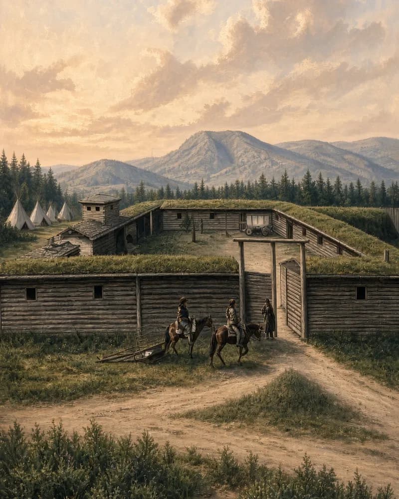 Painting of a log stockade with sod-roofed buildings and an open gate, with riders on the road outside, tipis beside it and mountains beyond.