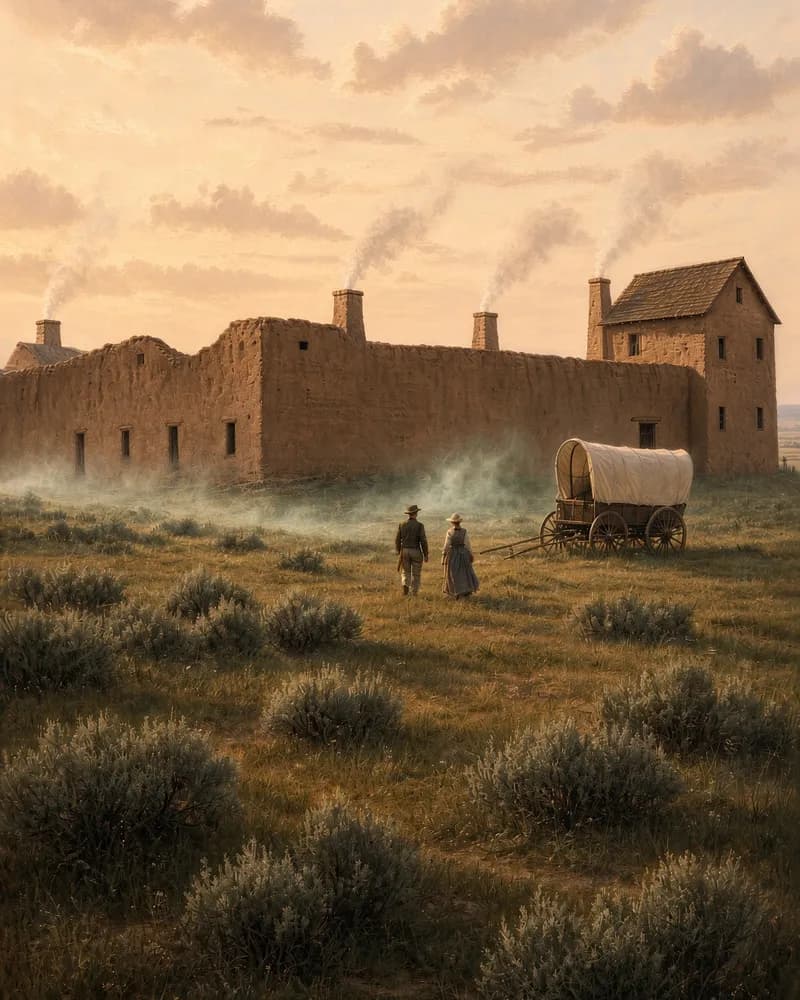 Painting of a fort with long adobe walls and smoking chimneys, with a covered wagon and two travelers in the sagebrush outside.