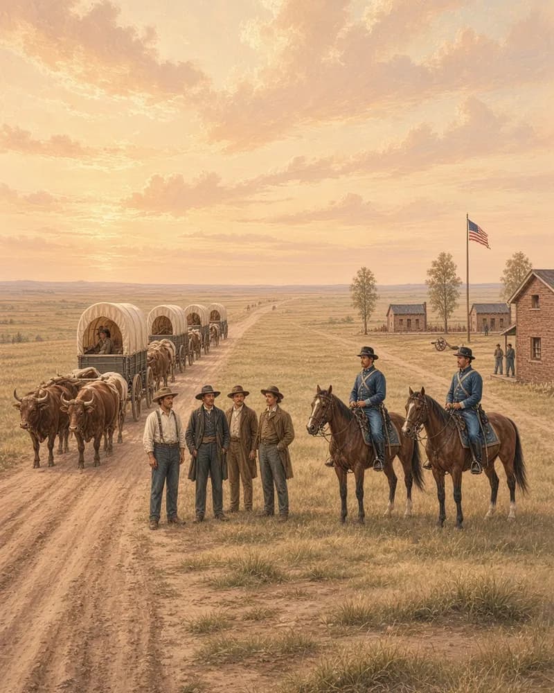 Painting of a dirt road at Fort Kearny at sunset, with a line of ox-drawn covered wagons, emigrants talking with two soldiers on horseback, and low buildings and an American flag behind.