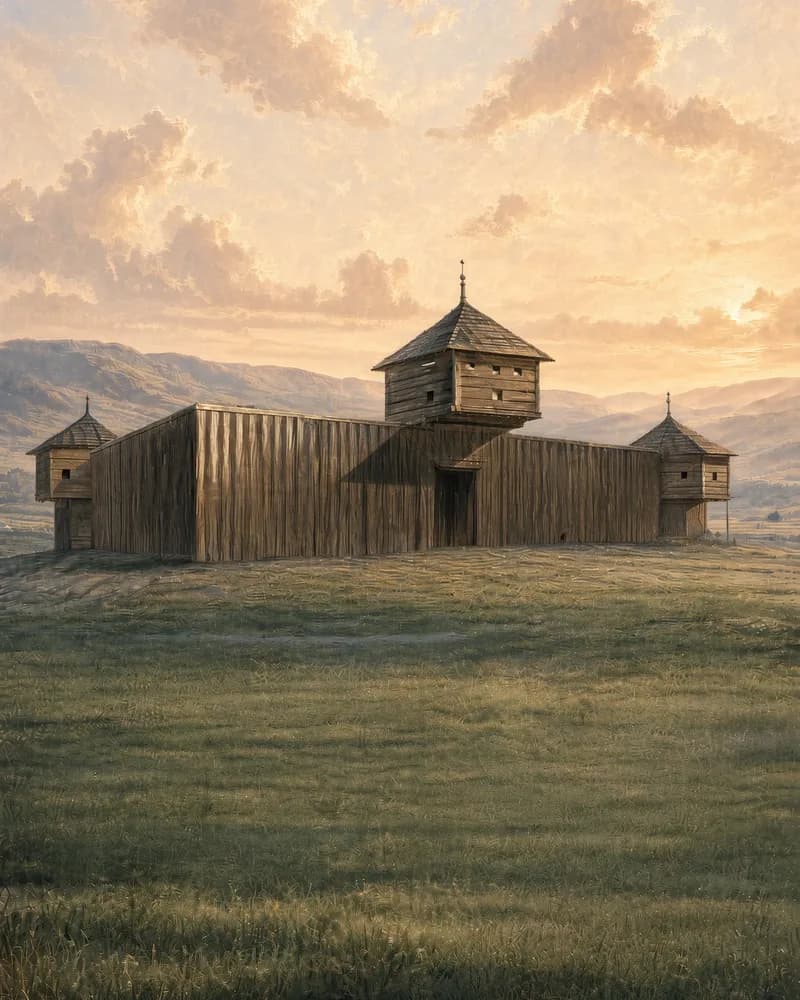 Painting of a log stockade with square blockhouses on a wide grassy plain, with hills behind.