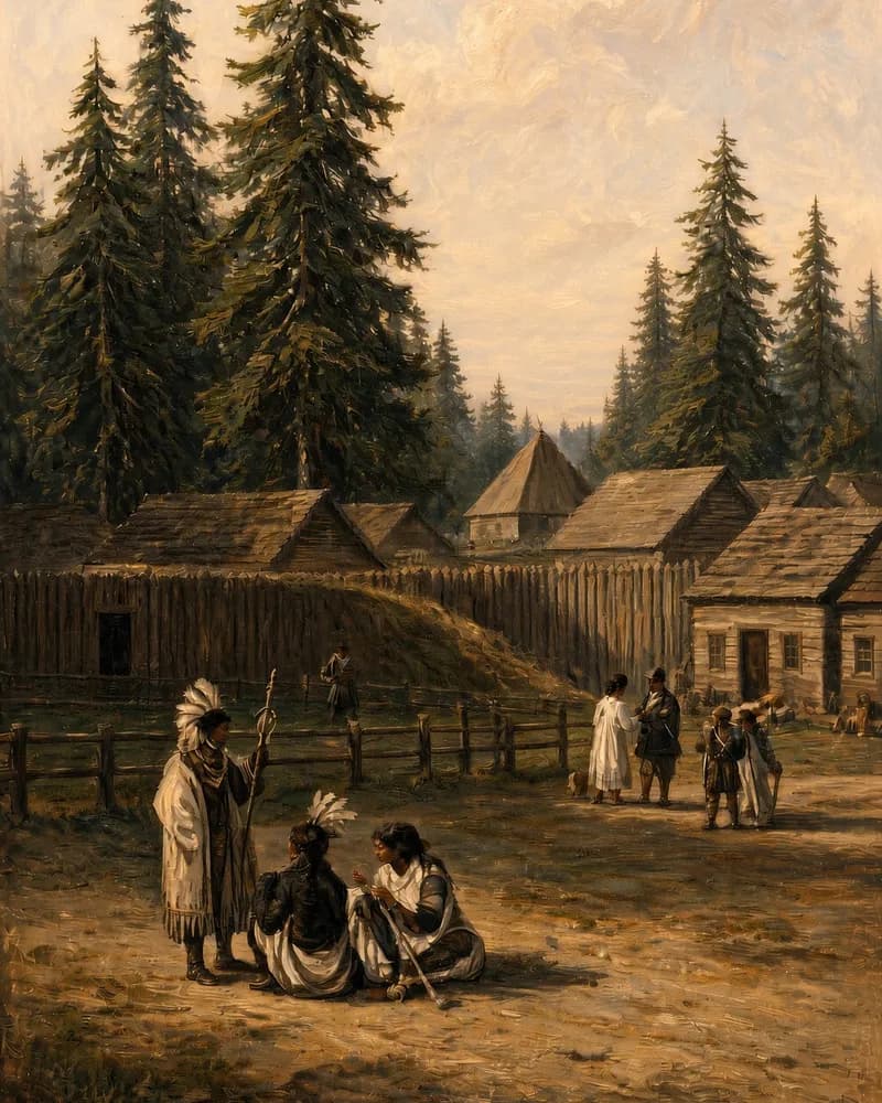 Painting of Fort Vancouver's log stockade and buildings among tall firs, with Native people and traders gathered outside the wall.
