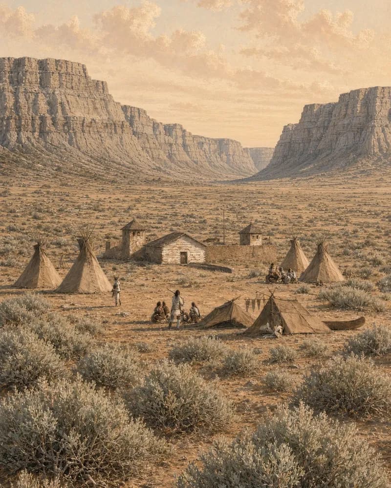 Painting of a small walled trading post with corner bastions on a sagebrush plain between tall basalt cliffs, with tipis and Native people camped around it.