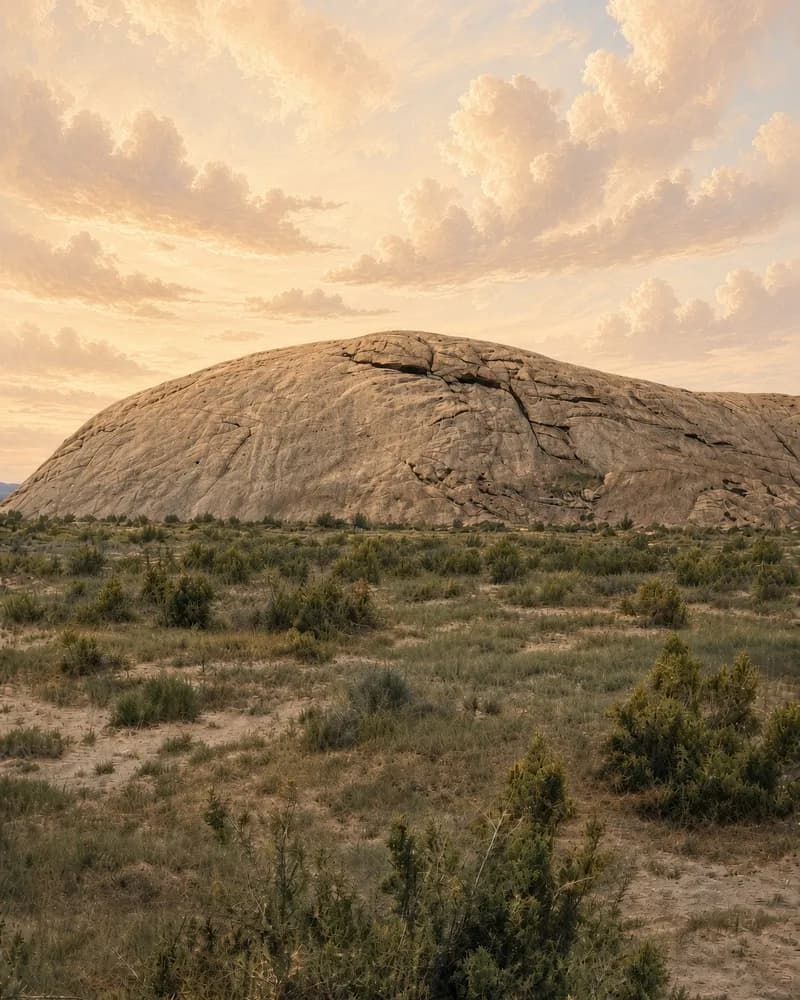 Painting of Independence Rock, a long, low dome of bare granite, seen across a plain of sagebrush and sand.