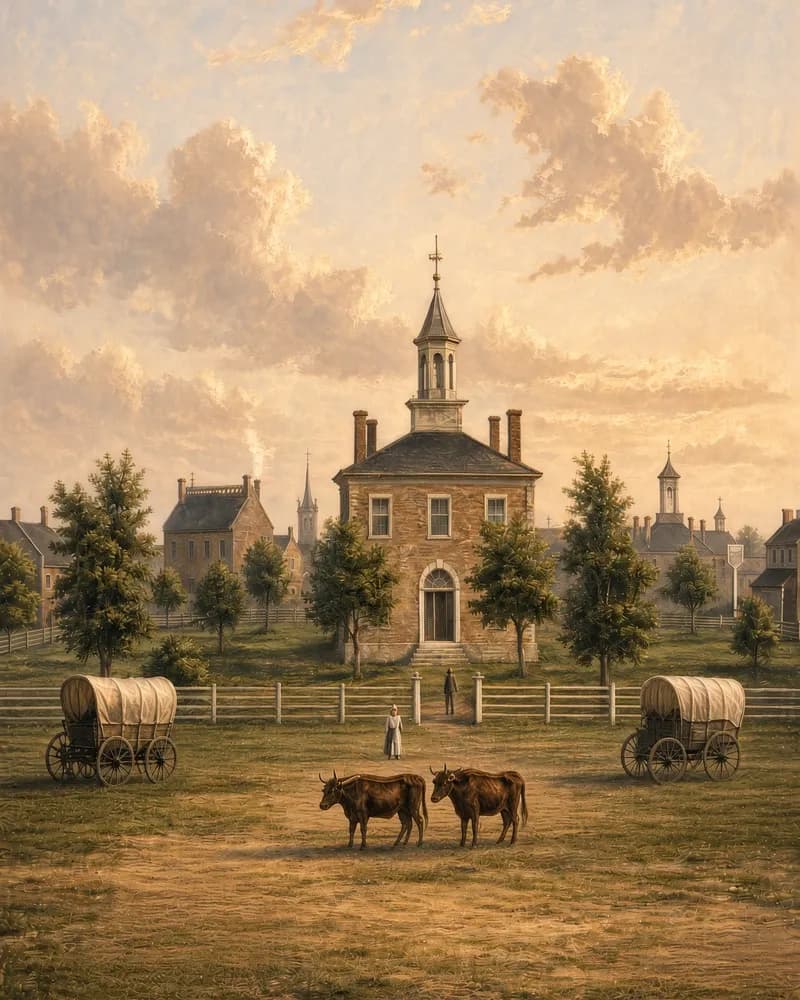 Painting of a brick courthouse with a white cupola on a tree-lined square, with covered wagons and a pair of oxen on the grass in front.