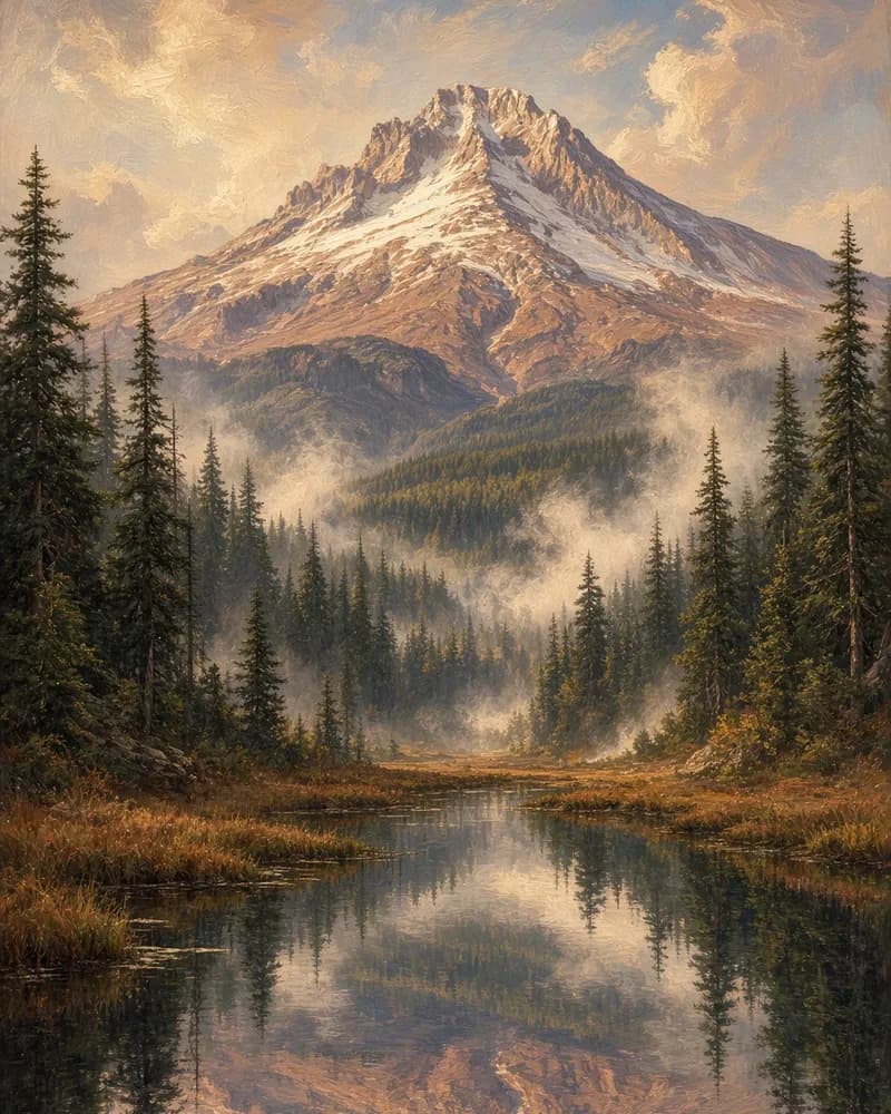 Painting of snow-capped Mount Hood above misty forested hills, mirrored in a still river edged with fir trees.