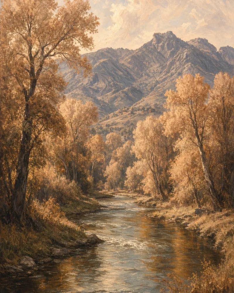 Painting of a river running over stones between golden autumn trees, with rocky mountains behind.