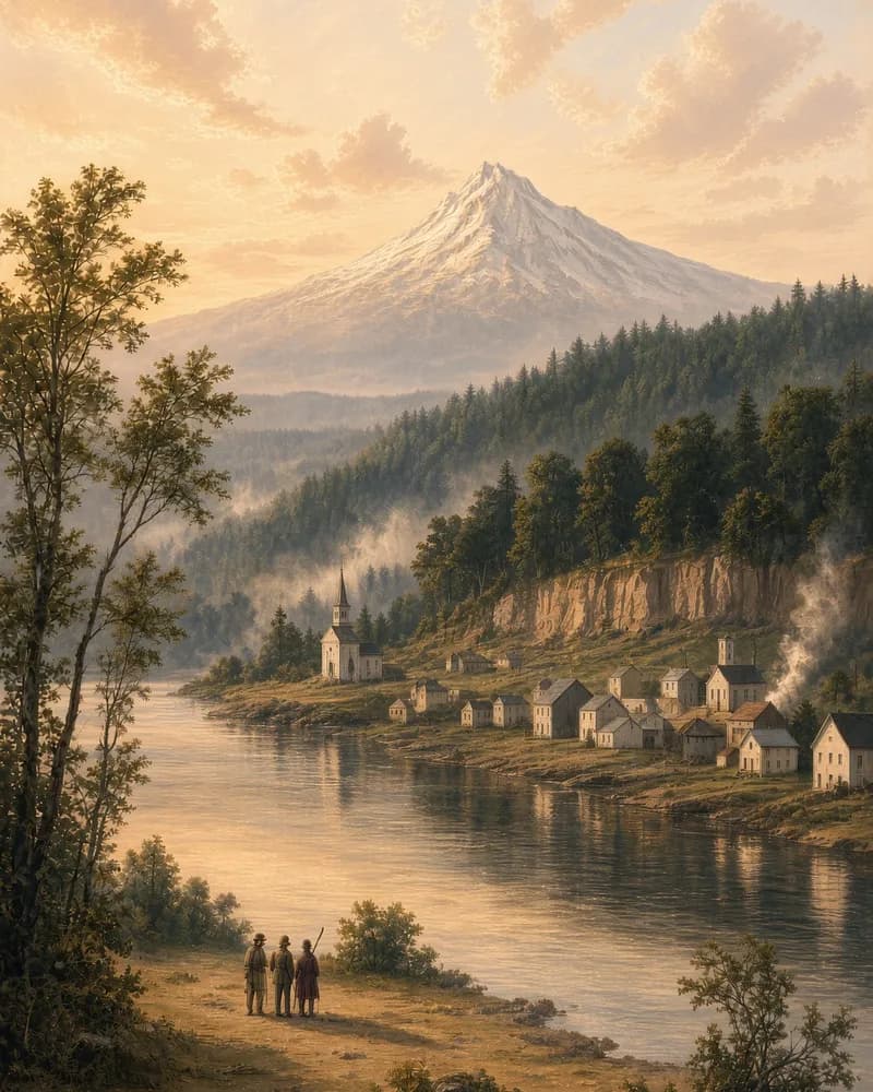 Painting of a small town on a riverbank below a wooded bluff, with a snowy peak in the distance and three people standing on the near shore.