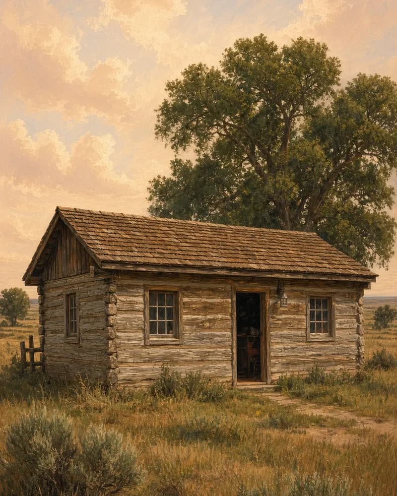 Painting of a small log cabin with a shingle roof beside a big shade tree, with prairie grass and sagebrush in front.