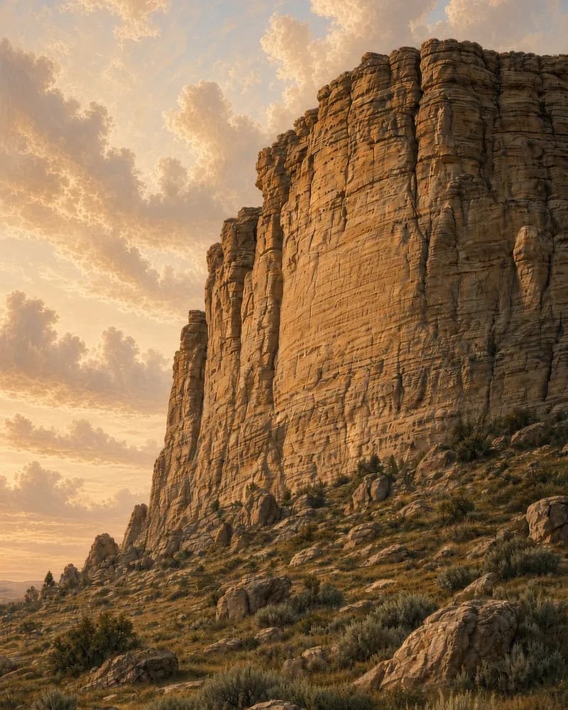 Painting of a tall pale cliff rising above a grassy, rock-strewn slope in evening light.