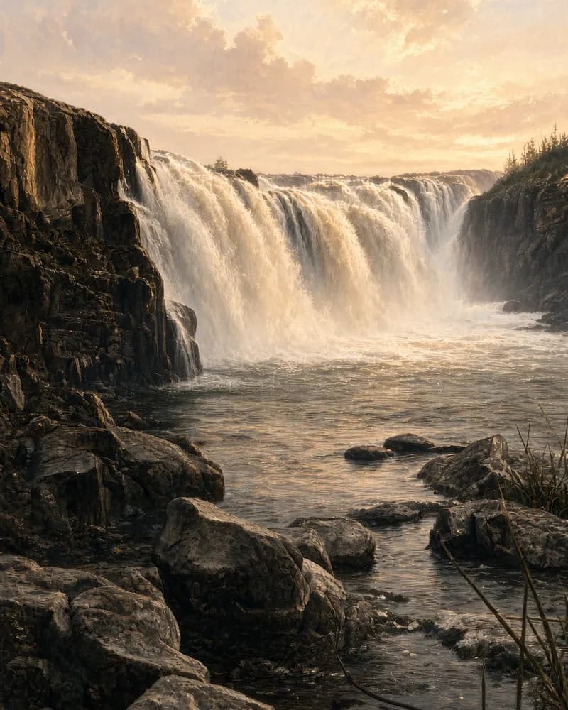 Painting of a broad waterfall on a river, pouring over dark rock into rapids lined with boulders.