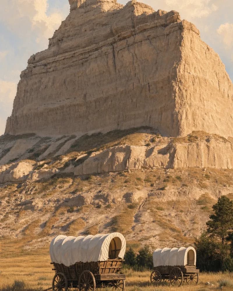 Painting of the pale cliffs of Scotts Bluff rising over two covered wagons in the grass below.
