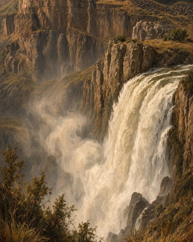 Painting of Shoshone Falls pouring over a rock ledge into a misty canyon, with tall cliffs above.