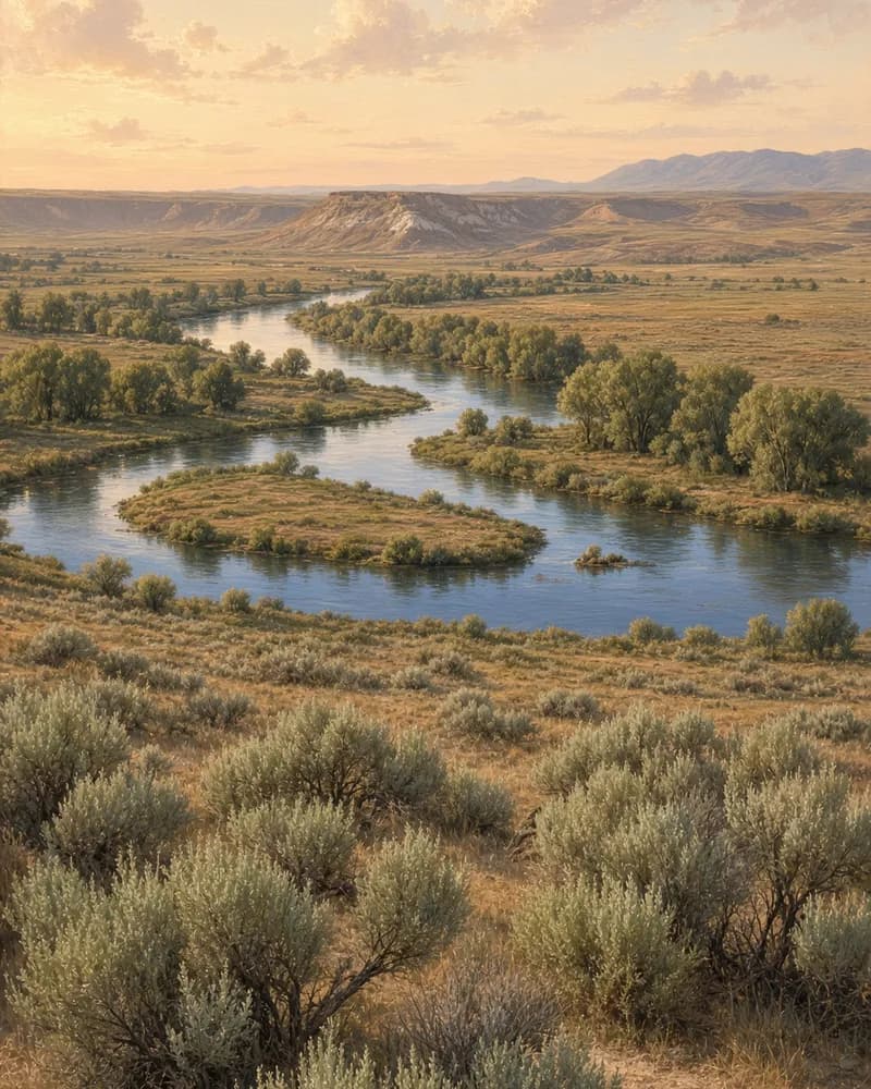 Painting of the Snake River winding through a broad valley, with green islands and tree-lined banks, bluffs on the far side and sagebrush in the foreground.