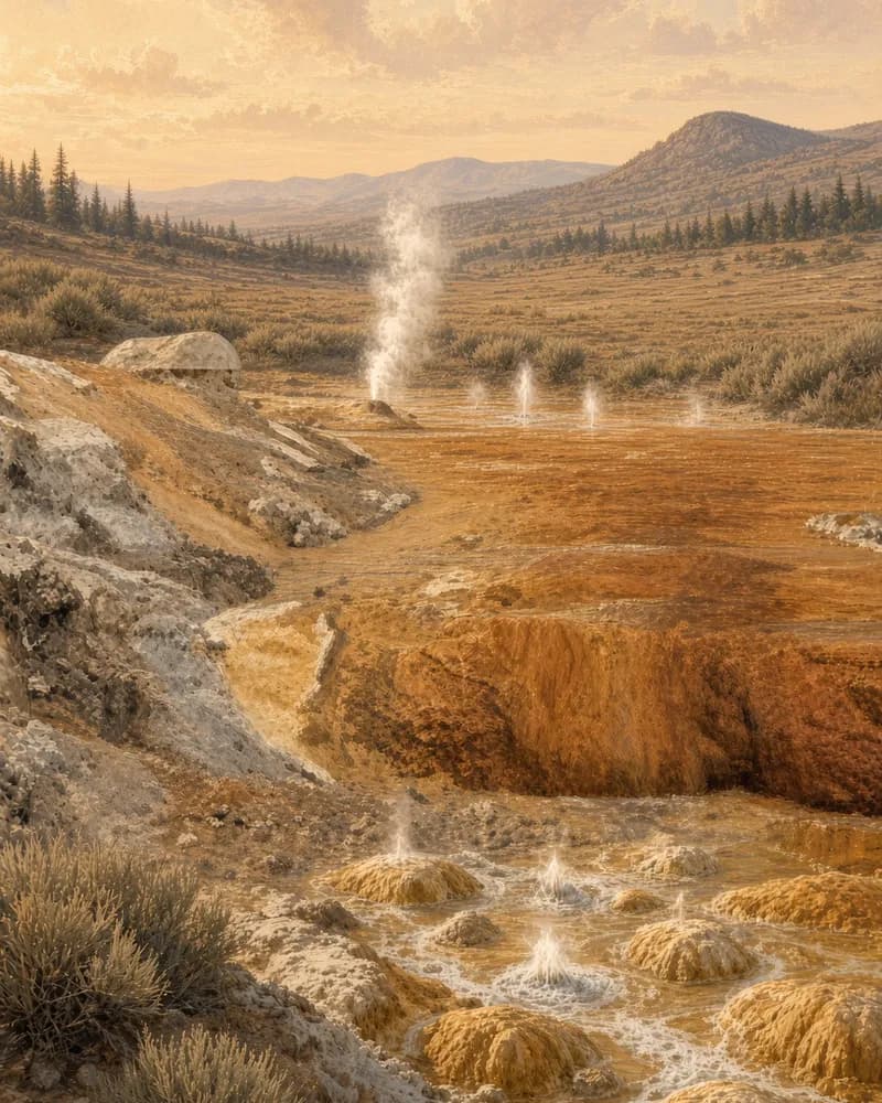 Painting of mineral springs on a hillside, with small jets of water and steam rising from orange and white mineral mounds, and wooded hills beyond.