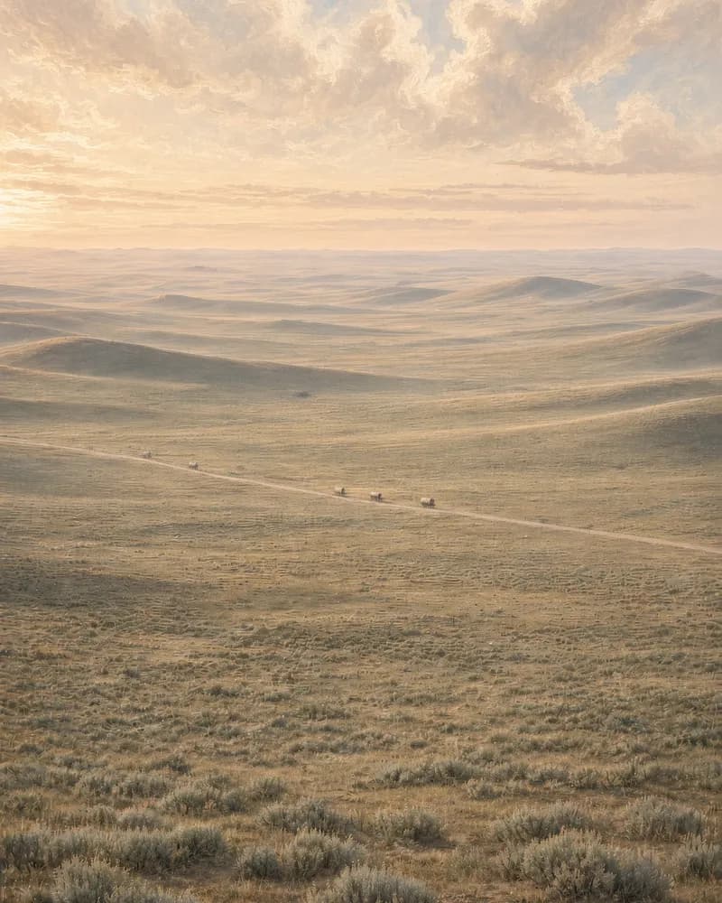 Painting of South Pass, wide rolling sagebrush country under a hazy sky, with a faint wagon road and a few wagons far off.