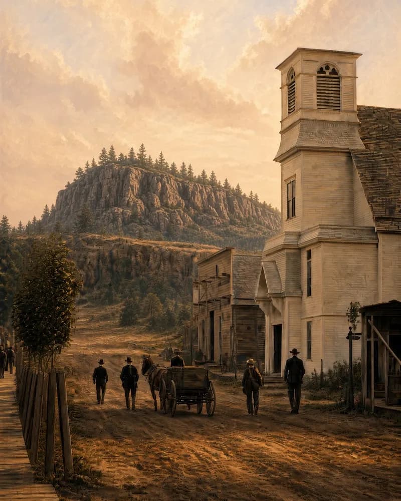 Painting of a dirt street in a frontier town below a rocky bluff topped with pines, with a white church and bell tower, a wooden boardwalk, a wagon and people walking.