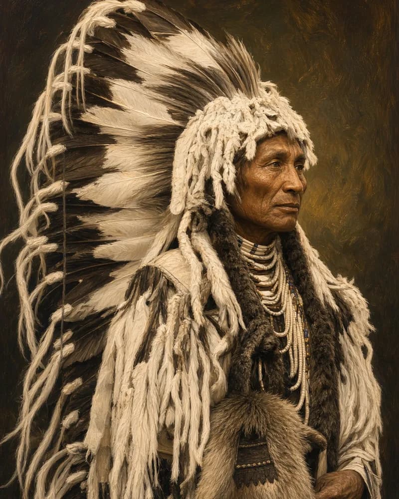 Painted portrait in the style of an old photograph of Umapine, a Cayuse chief, seen in profile in a long trailing feather headdress, strands of beads and a fur pelt.