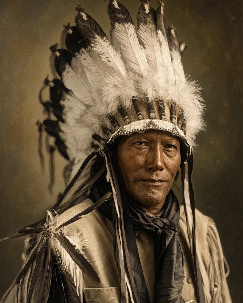 Painted portrait in the style of an old photograph of a Cheyenne man in a feathered headdress, a fringed shirt and a dark neckerchief.