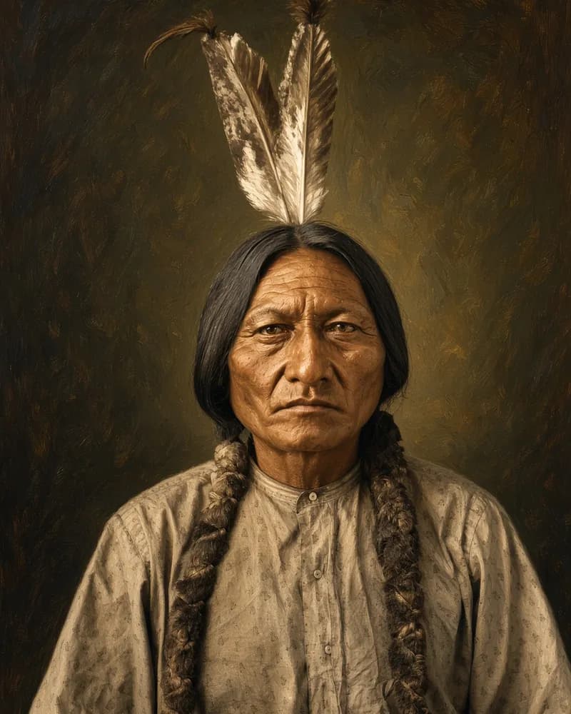 Painted portrait in the style of an old photograph of a Lakota man with two feathers in his hair, long wrapped braids and a plain shirt.