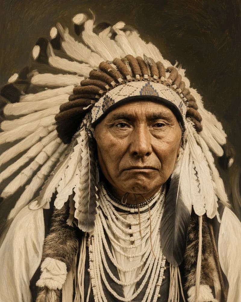 Painted portrait in the style of an old photograph of a Nez Perce man in a feathered headdress with a beaded browband and many strands of white beads.
