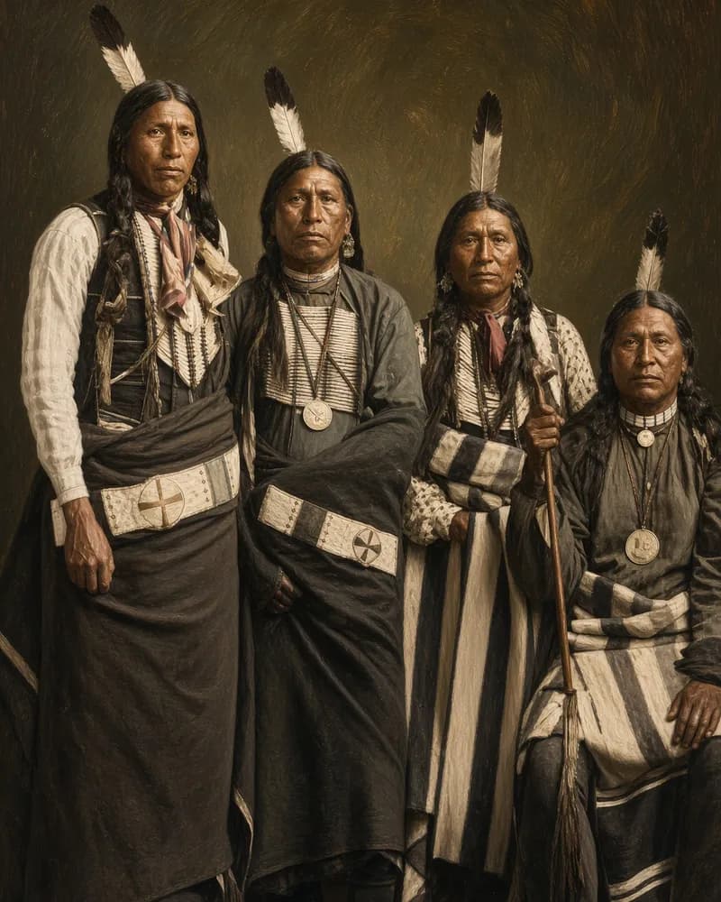 Painted portrait in the style of an old photograph of four Pawnee men standing side by side, with single feathers in their hair, beaded necklaces and striped blankets.