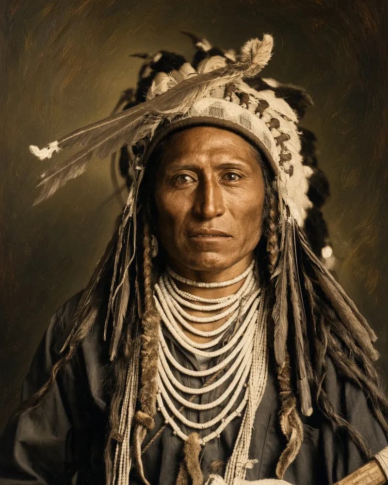 Painted portrait in the style of an old photograph of a Shoshone man in a feathered headdress, with long strands of white beads over a dark shirt.