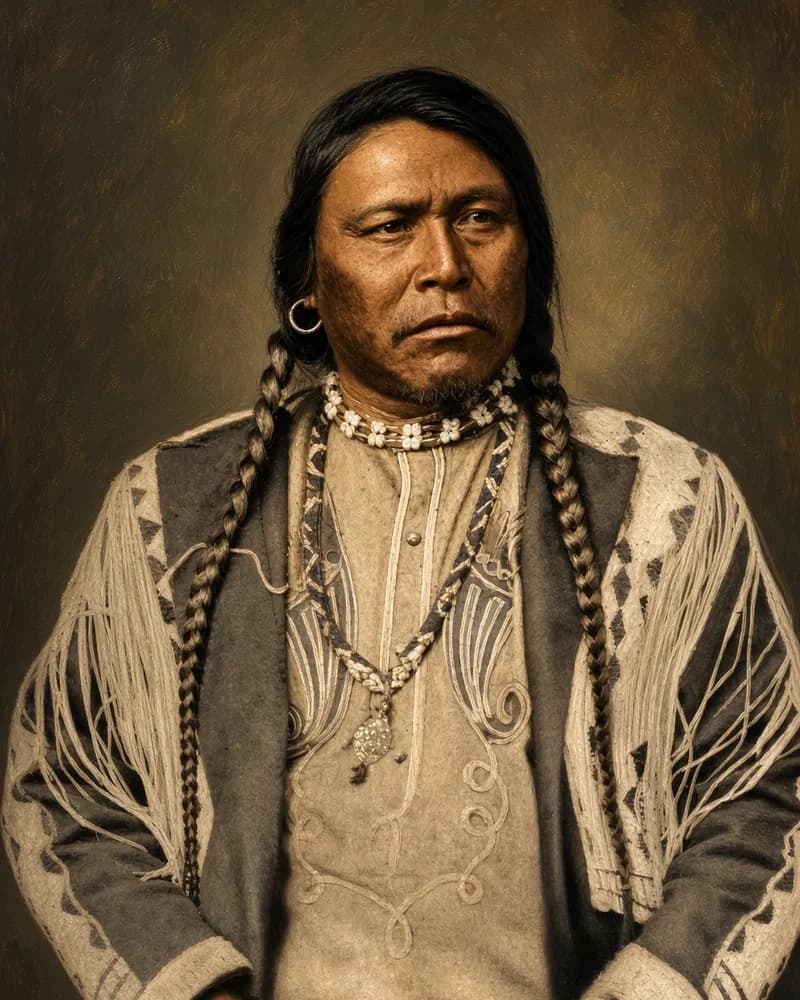 Painted portrait in the style of an old photograph of a seated Ute man with long braids and an earring, wearing a beaded necklace and a fringed jacket.