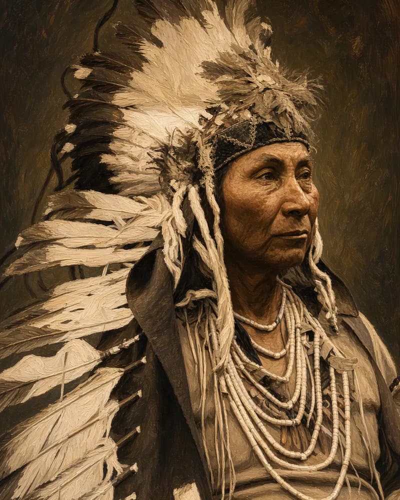 Painted portrait in the style of an old photograph of a man in a long trailing feather headdress and strands of beads, looking to one side.