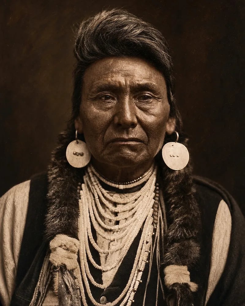Painted portrait of Chief Joseph with his hair swept up above his forehead, large round shell earrings and many strands of white beads, his braids wrapped in fur.