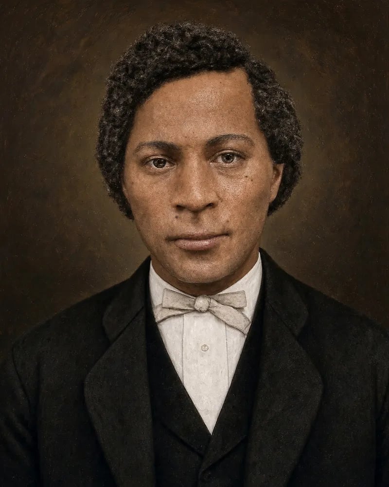 Painted portrait of Hiram Young as a young man, clean-shaven, with short curly hair, in a dark suit and waistcoat and a light bow tie.