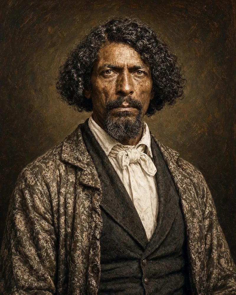 Painted portrait of James Beckwourth with curly shoulder-length hair, a mustache and a goatee, in a patterned coat over a dark waistcoat and a white neckcloth.