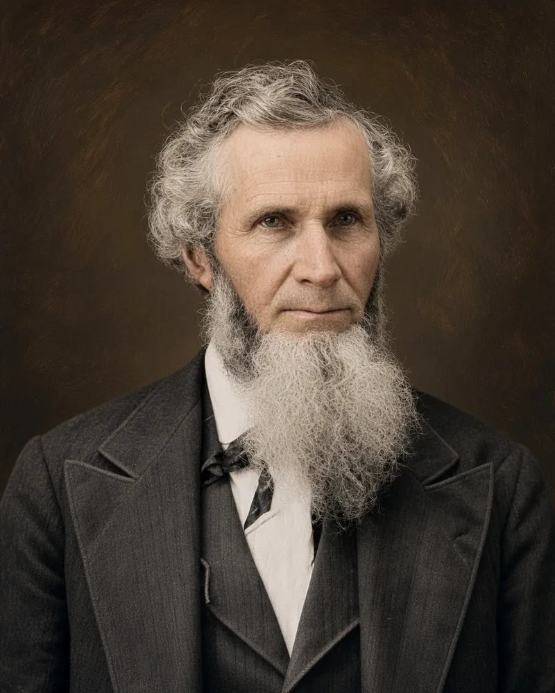 Painted portrait of Joel Palmer as an older man, with curly white hair and a long white chin beard, in a dark coat, waistcoat and tie.
