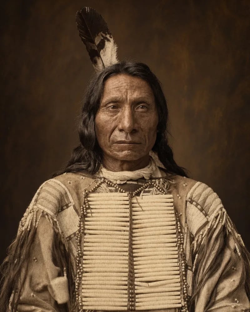 Painted portrait of Red Cloud with long dark hair and a single upright feather, in a fringed buckskin shirt and a breastplate of long bone beads.