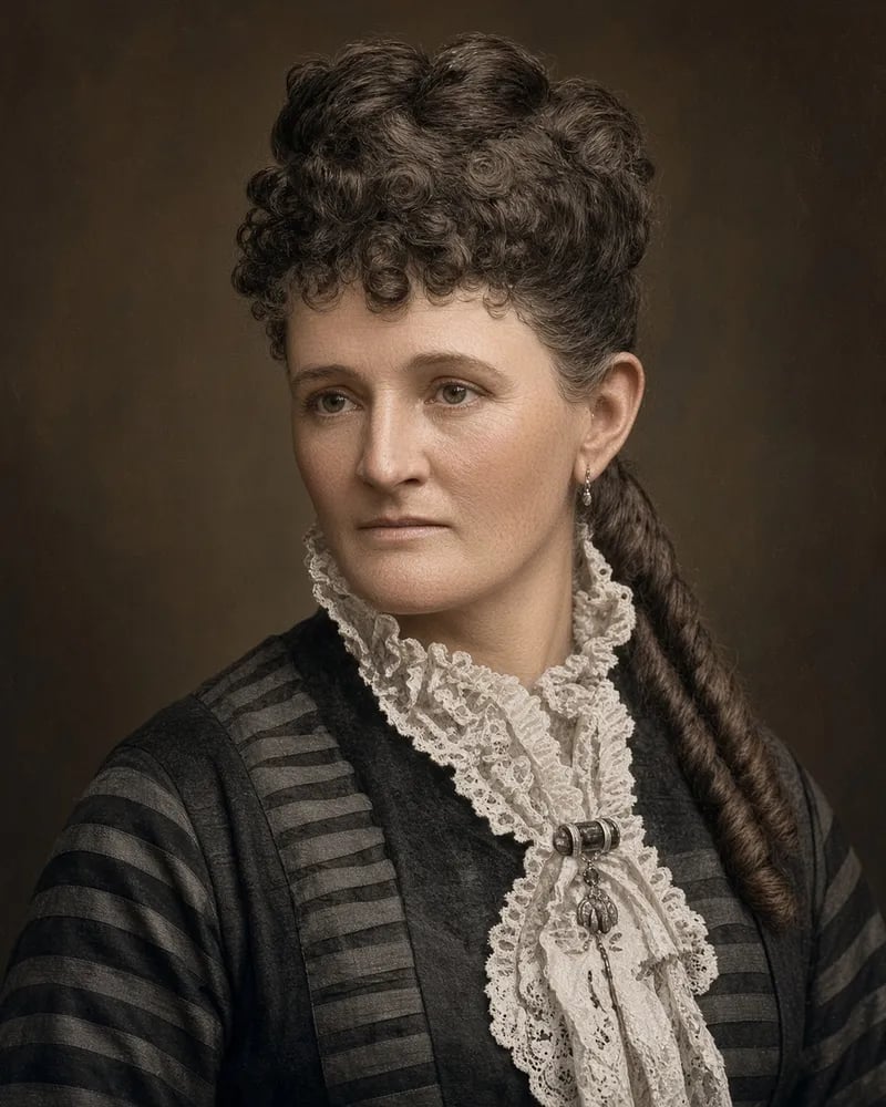 Painted portrait of Virginia Reed as a grown woman, with her curly hair piled up and a long ringlet over one shoulder, in a striped dress with a lace jabot and a brooch.