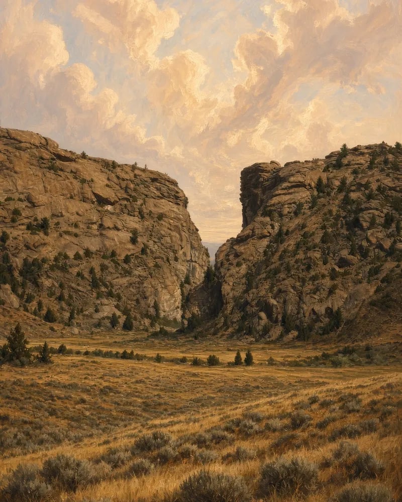 Painting of Devil's Gate, a deep notch between two rocky ridges, with dry grass and sagebrush in front.