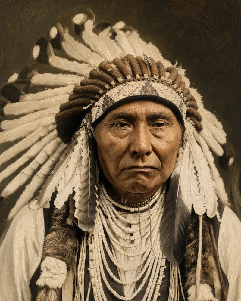 Painted portrait in the style of an old photograph of a Nez Perce man in a feathered headdress with a beaded browband and many strands of white beads.