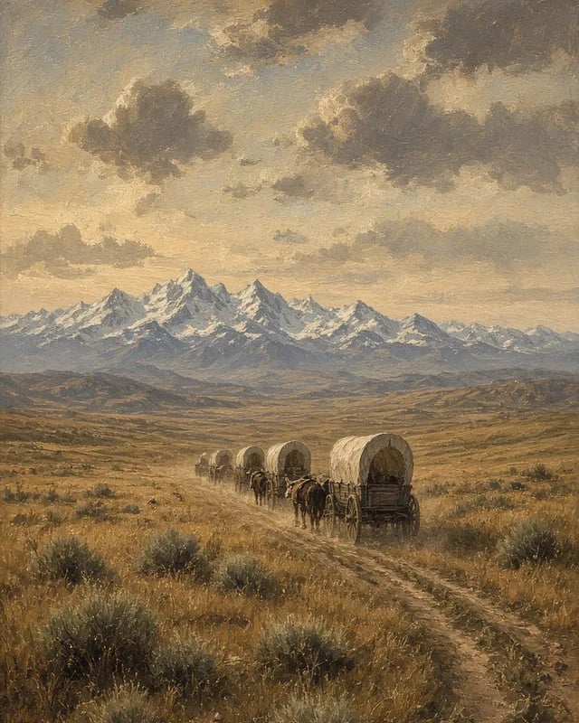 Painting of a line of covered wagons on a dirt track across dry grassland, with snow-capped mountains beyond and clouds overhead.