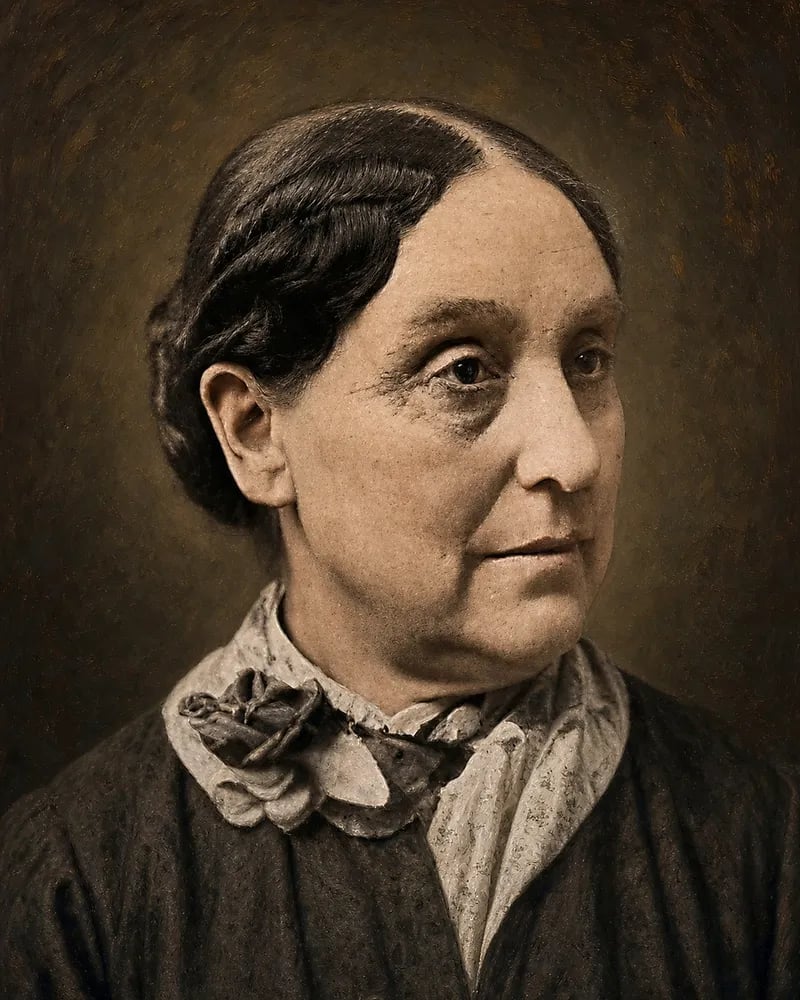 Painted portrait of Abigail Scott Duniway in middle age, with dark hair parted in the middle and pulled back, a lace collar tied with a fabric rose, and a dark dress.
