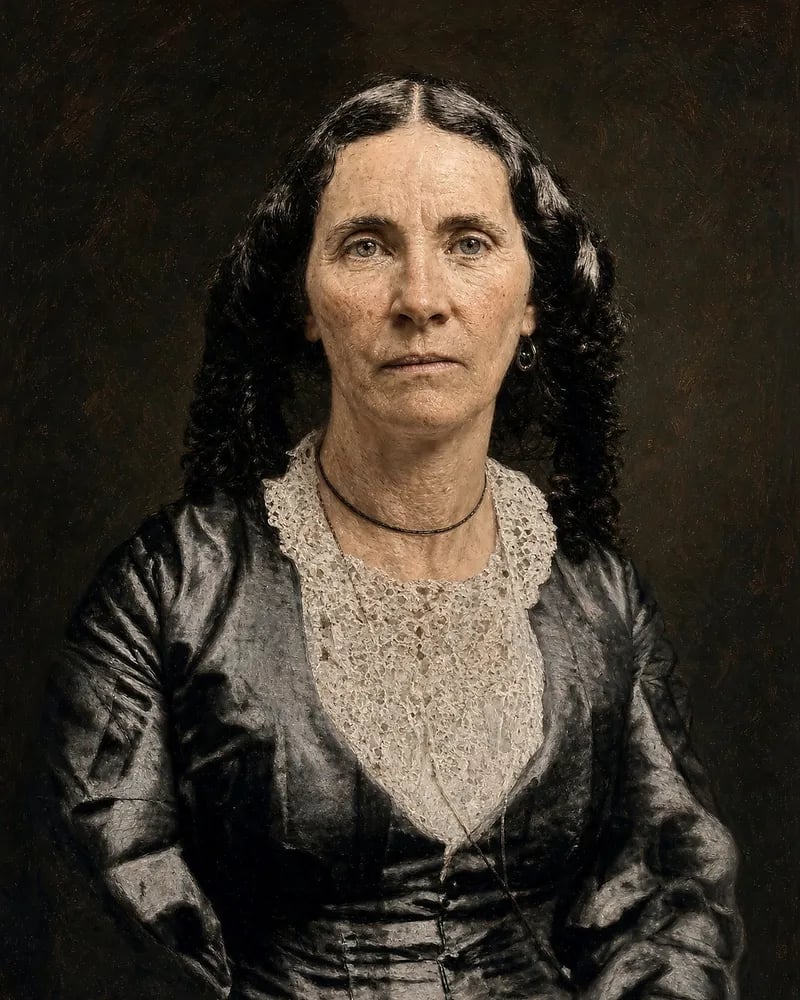 Painted portrait of Amelia Stewart Knight with long dark ringlets, a black ribbon at her throat and a lace front on a dark satin dress.