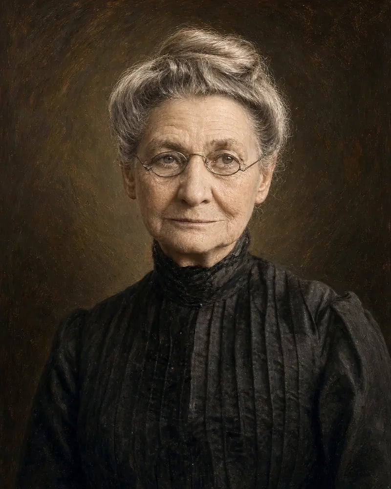 Painted portrait of Catherine Sager as an elderly woman, with gray hair in a bun and round wire spectacles, in a black high-necked pleated dress.