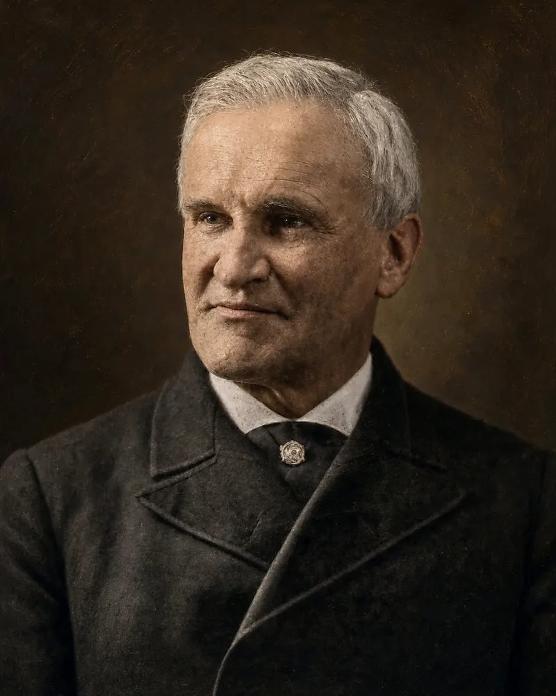 Painted portrait of Francis Parkman as an older man, clean-shaven, with white hair, in a dark double-breasted coat and a tie with a small pin.