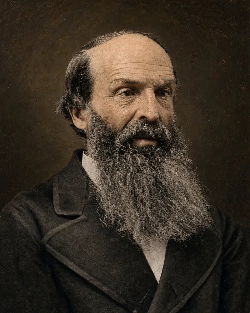 Painted portrait of Henry Spalding as an older man, bald on top, with a long gray beard, in a dark coat.